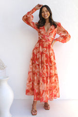Orange Floral Long Sleeves Midi Dress