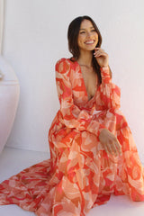 Orange Floral Long Sleeves Midi Dress