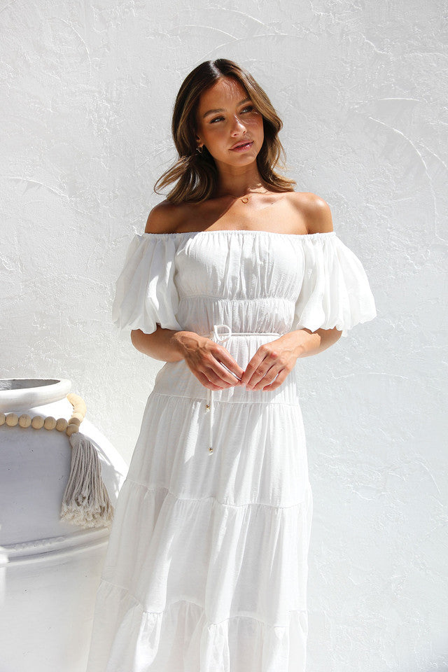 White Off Shoulder Midi Dress