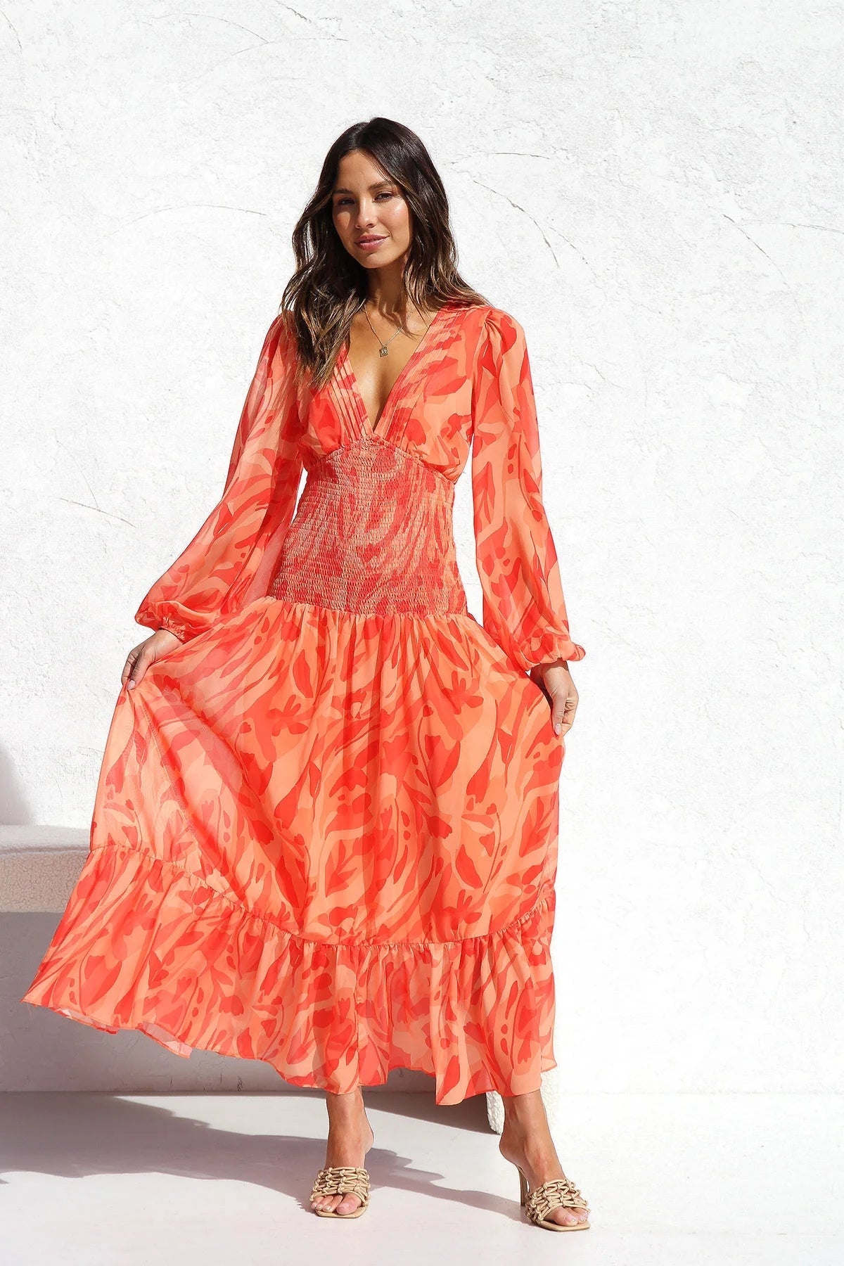 Orange Floral Long Sleeves Midi Dress