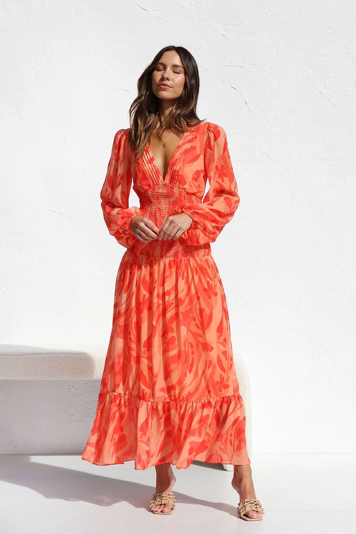 Orange Floral Long Sleeves Midi Dress