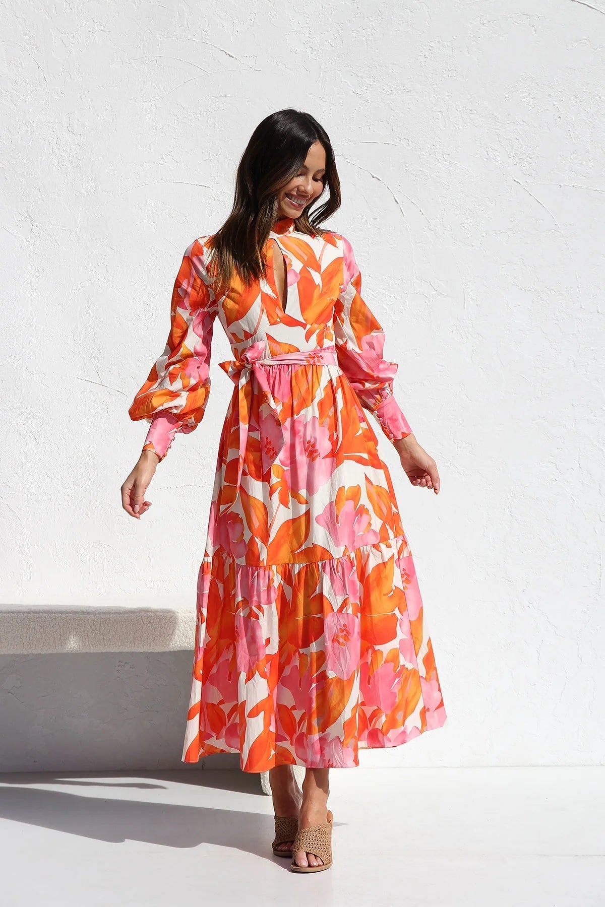 Orange Floral Long Sleeves Midi Dress