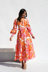 Orange Floral Long Sleeves Midi Dress