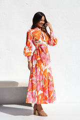 Orange Floral Long Sleeves Midi Dress