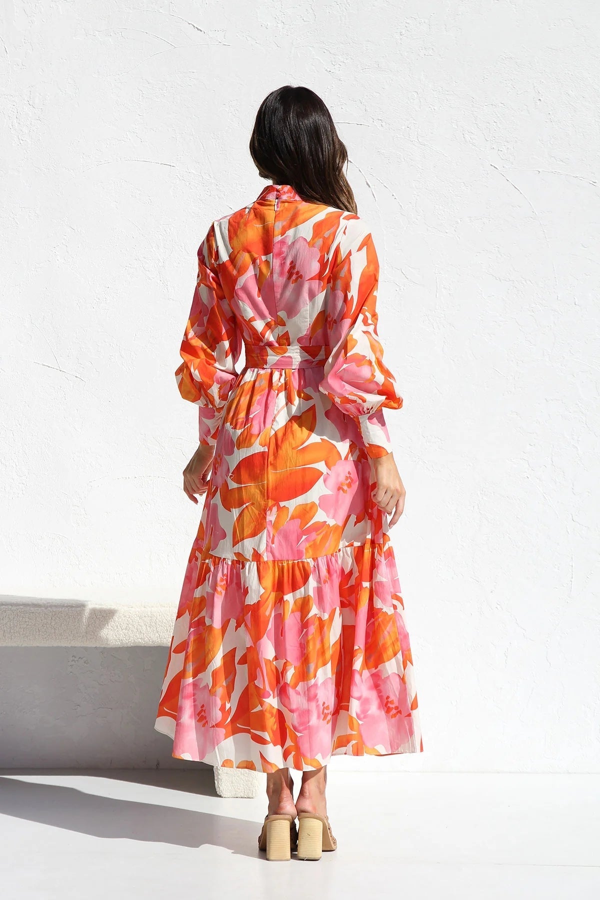 Orange Floral Long Sleeves Midi Dress