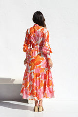 Orange Floral Long Sleeves Midi Dress