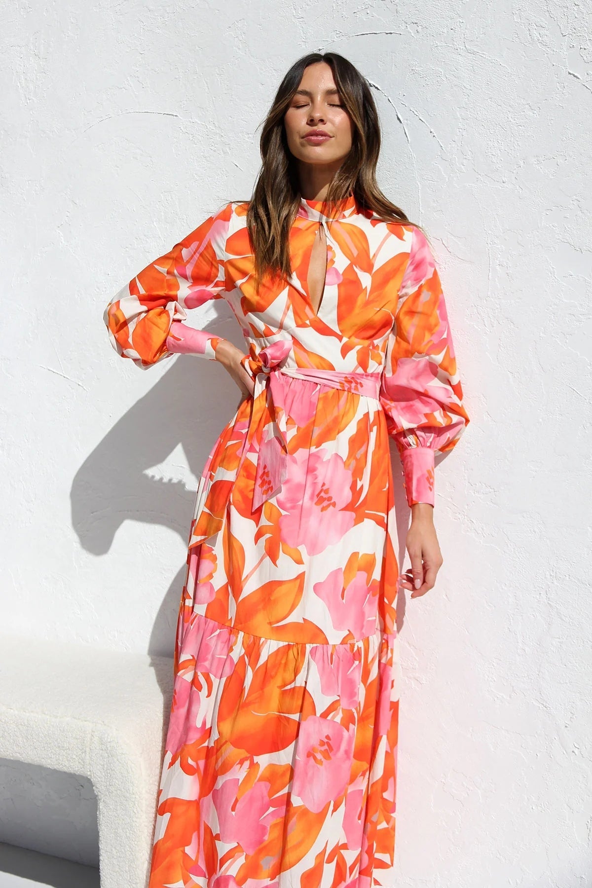 Orange Floral Long Sleeves Midi Dress