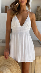 White Deep V Neck Mini Dress