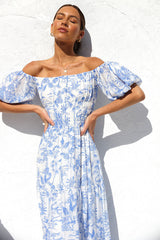 Blue Floral Off Shoulder Midi Dress