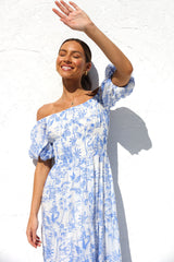 Blue Floral Off Shoulder Midi Dress