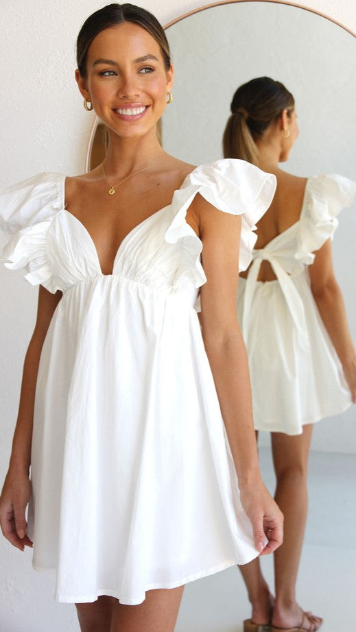 White Flare Sleeves Bowknot Mini Dress