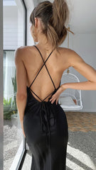 Black Side Slit Slip Midi Dress