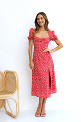 Red Floral Pencil Midi Dress