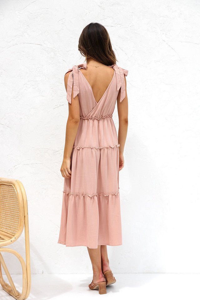 Dusty Pink Shoulder Tie Midi Dress