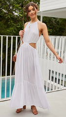 White Cutout Waist Midi Dress