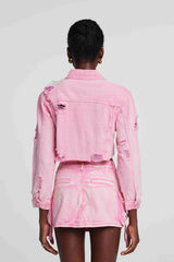Johanna Torn Flower Denim Jacket In Pink