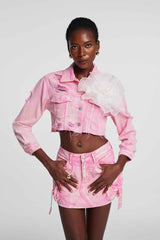 Johanna Torn Flower Denim Jacket In Pink