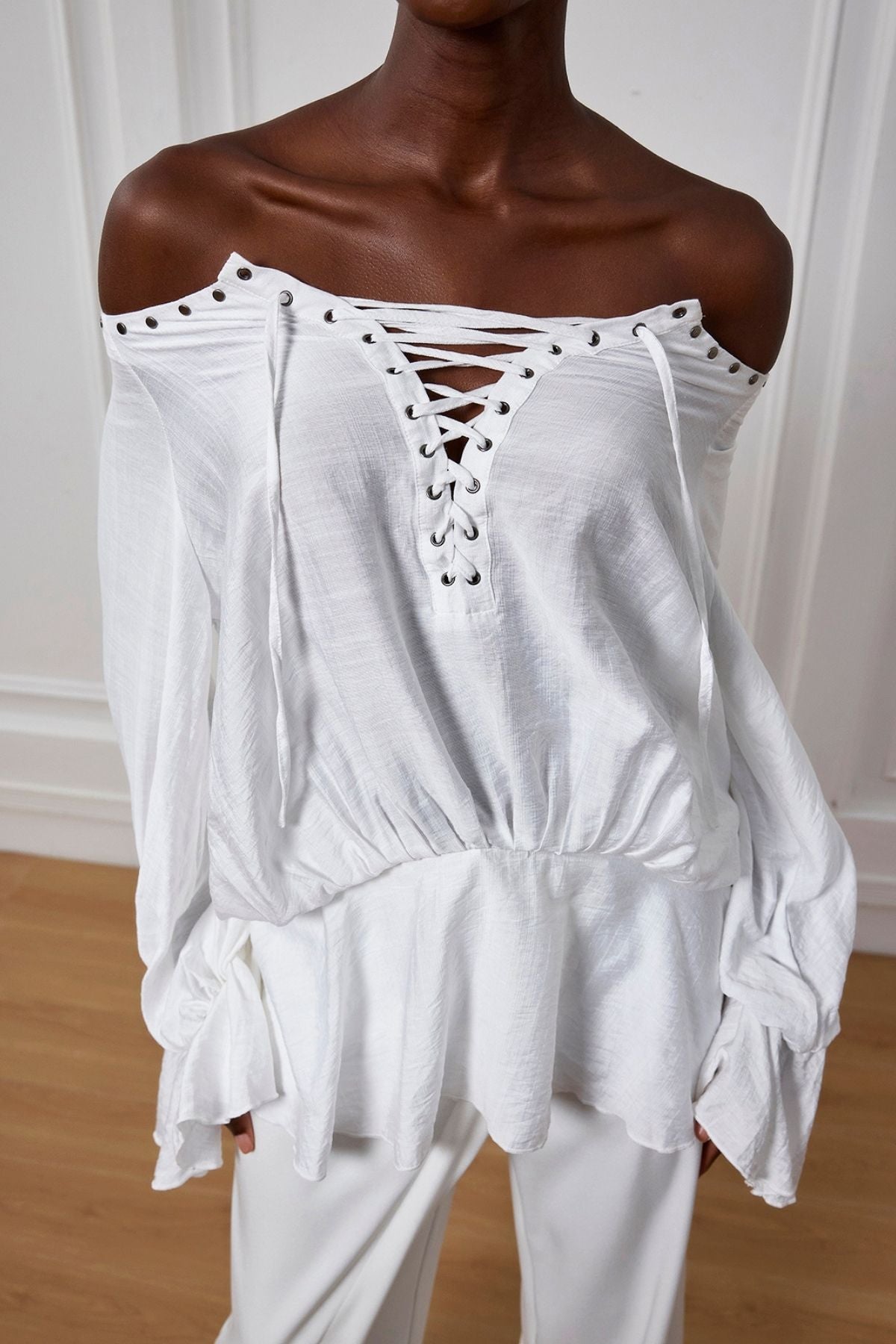 Kai Lace Up Flower Ruffle Top