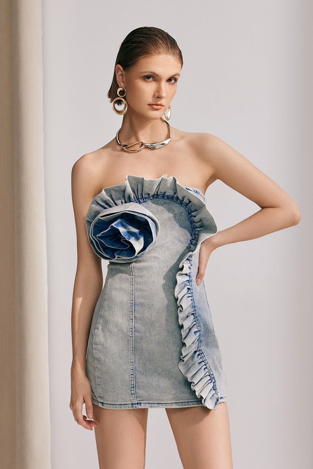 Kate Flower Ruffle Denim Mini Dress