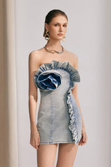 Kate Flower Ruffle Denim Mini Dress