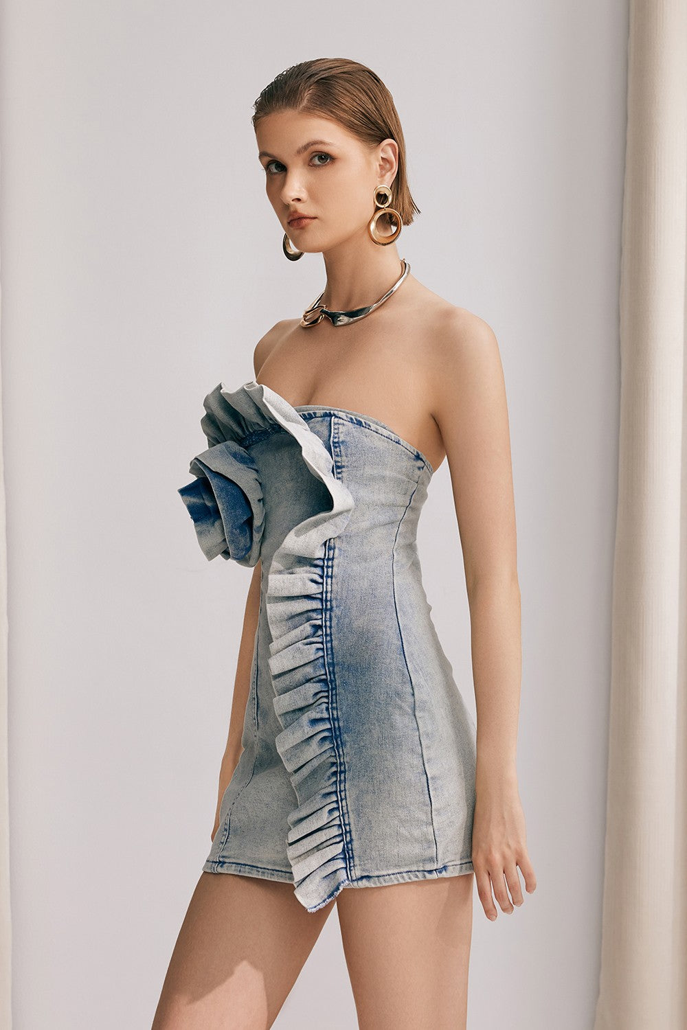 Kate Flower Ruffle Denim Mini Dress