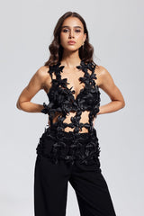 Kira Flower Cutout Sleeveless Top In Black
