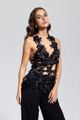 Kira Flower Cutout Sleeveless Top In Black