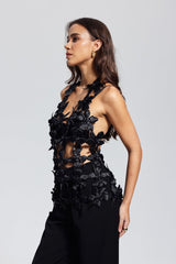 Kira Flower Cutout Sleeveless Top In Black