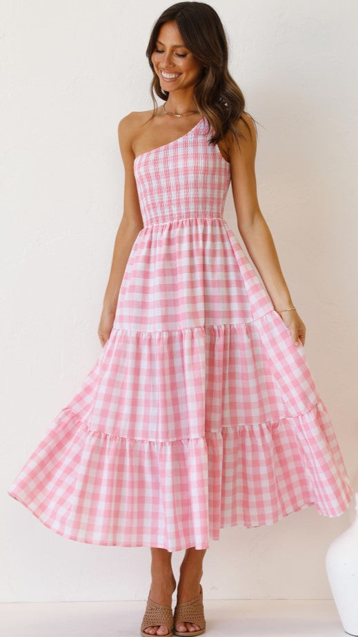 Pink Gingham Print One Shoulder Dress