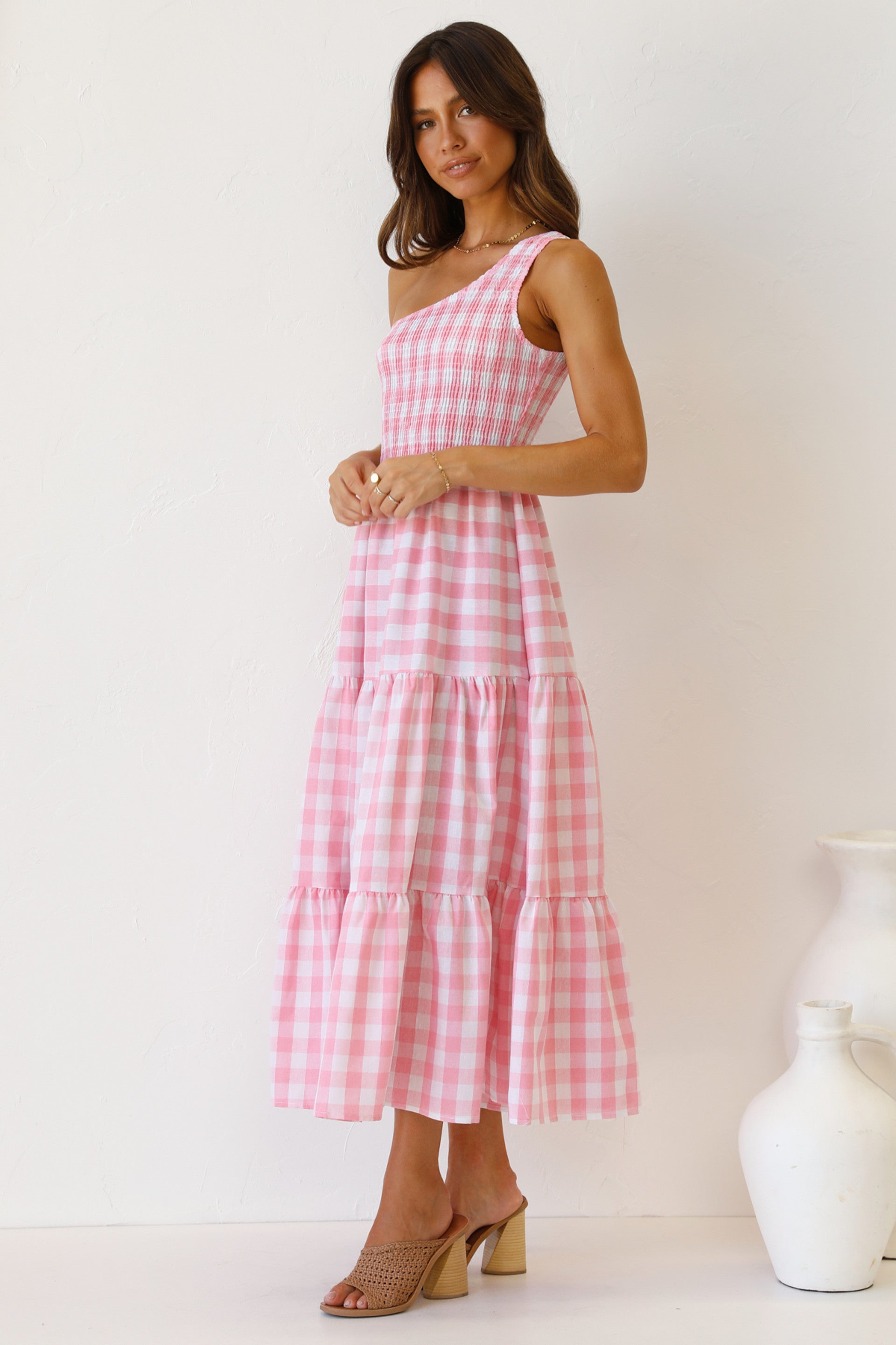 Pink Gingham Print One Shoulder Dress
