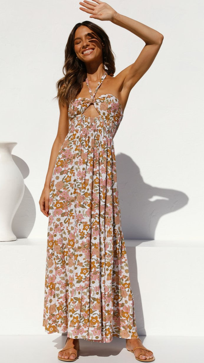 Floral Crossover Halter Midi Dress