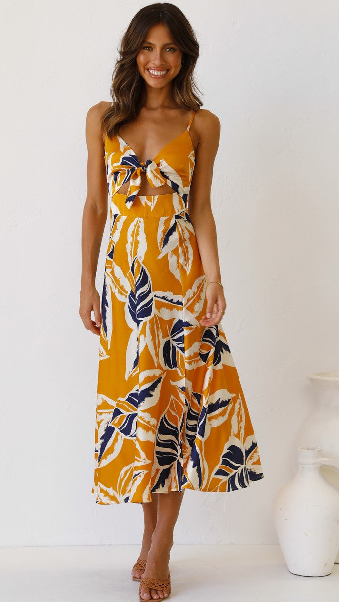Mustard Bowknot Slip Midi Dress