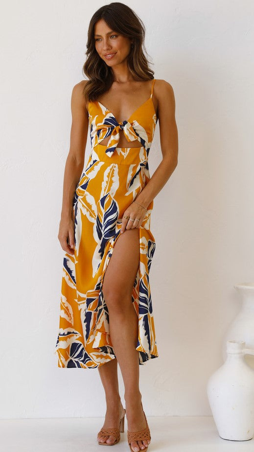 Mustard Bowknot Slip Midi Dress