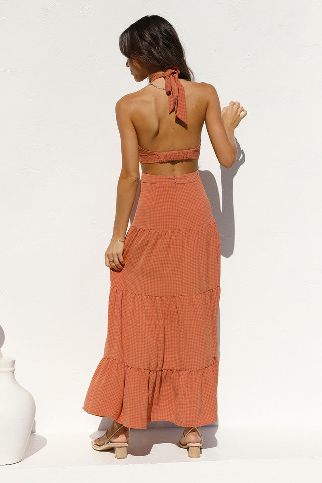 Brown Cutout Halter Midi Dress