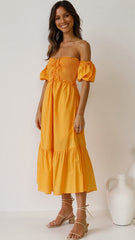 Yellow Smocked Off Shoulder Midi Dress