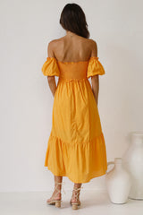 Yellow Smocked Off Shoulder Midi Dress