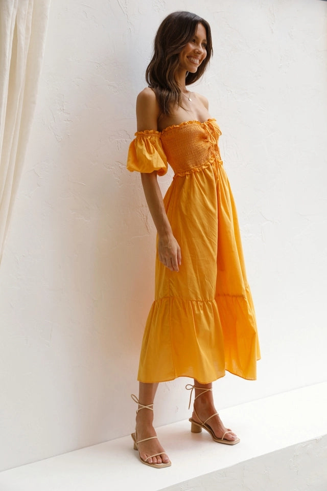 Yellow Smocked Off Shoulder Midi Dress