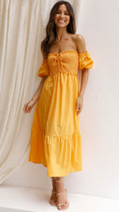 Yellow Smocked Off Shoulder Midi Dress