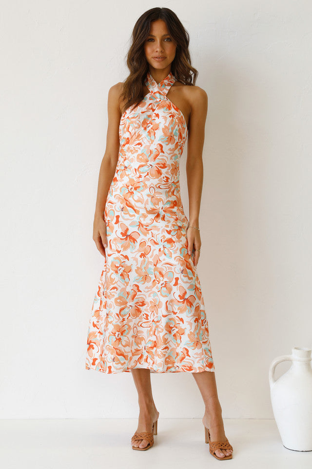 Orange Floral Crossover Midi Dress