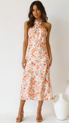 Oranges Fldoral Crossover-Midikleid mit Neckholder