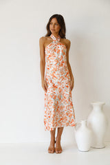 Oranges Fldoral Crossover-Midikleid mit Neckholder