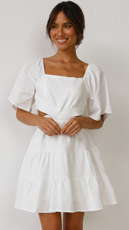 White Cutout Waist Mini Dress
