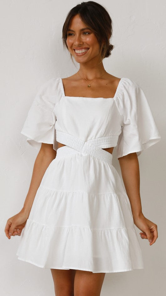 White Cutout Waist Mini Dress
