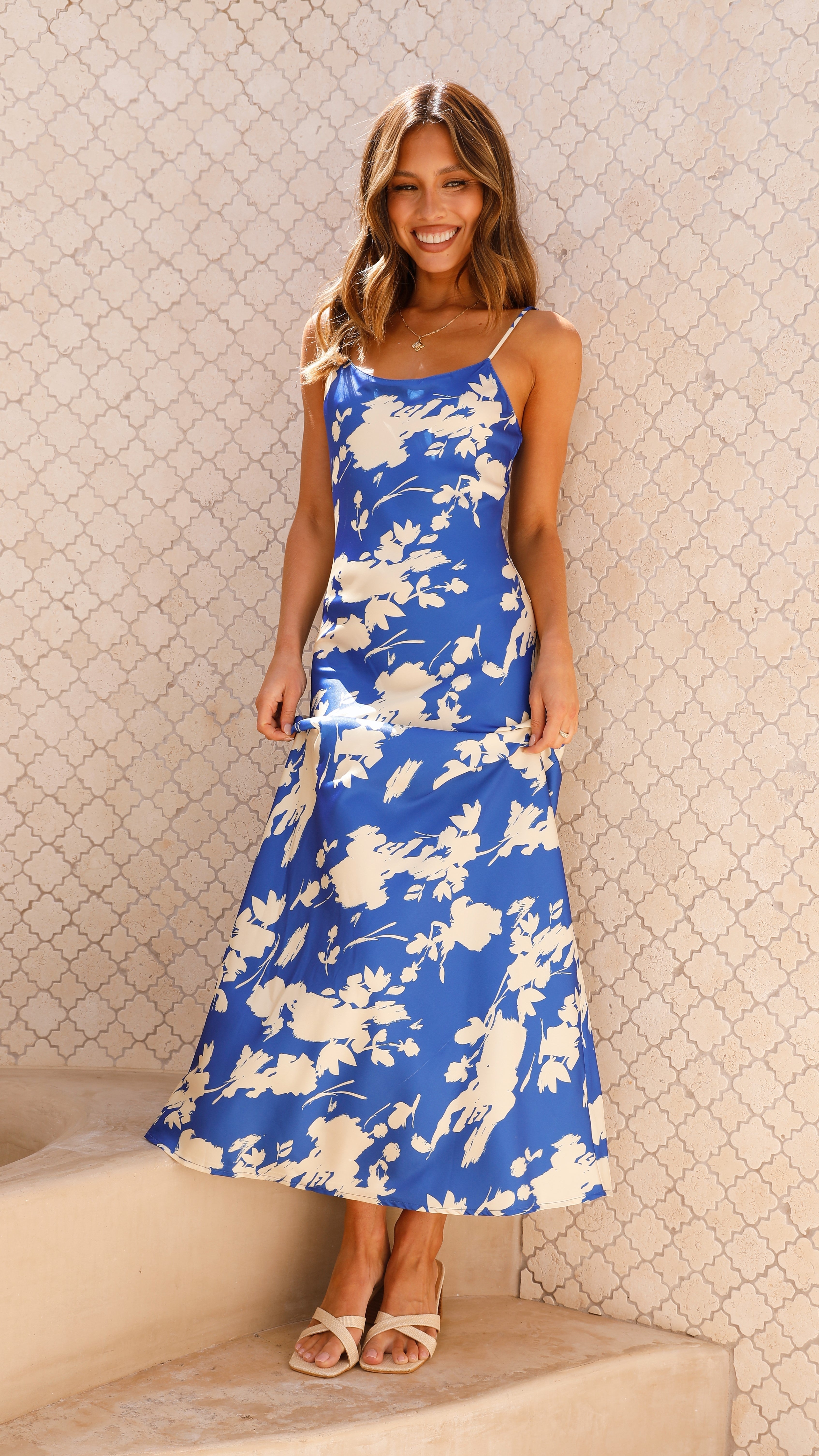 Laucala Slip Dress - Blue / Beige Floral