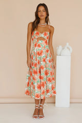 Orange Floral Cutout Slip Midi Dress