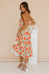 Orange Floral Cutout Slip Midi Dress