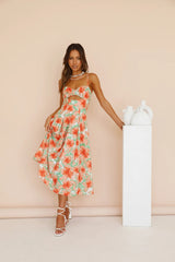 Orange Floral Cutout Slip Midi Dress