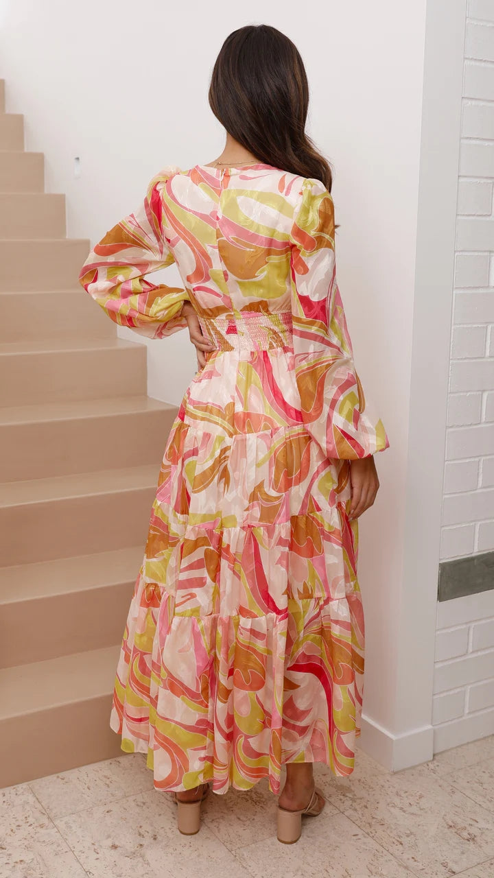 Orange Print Long Sleeves Midi Dress