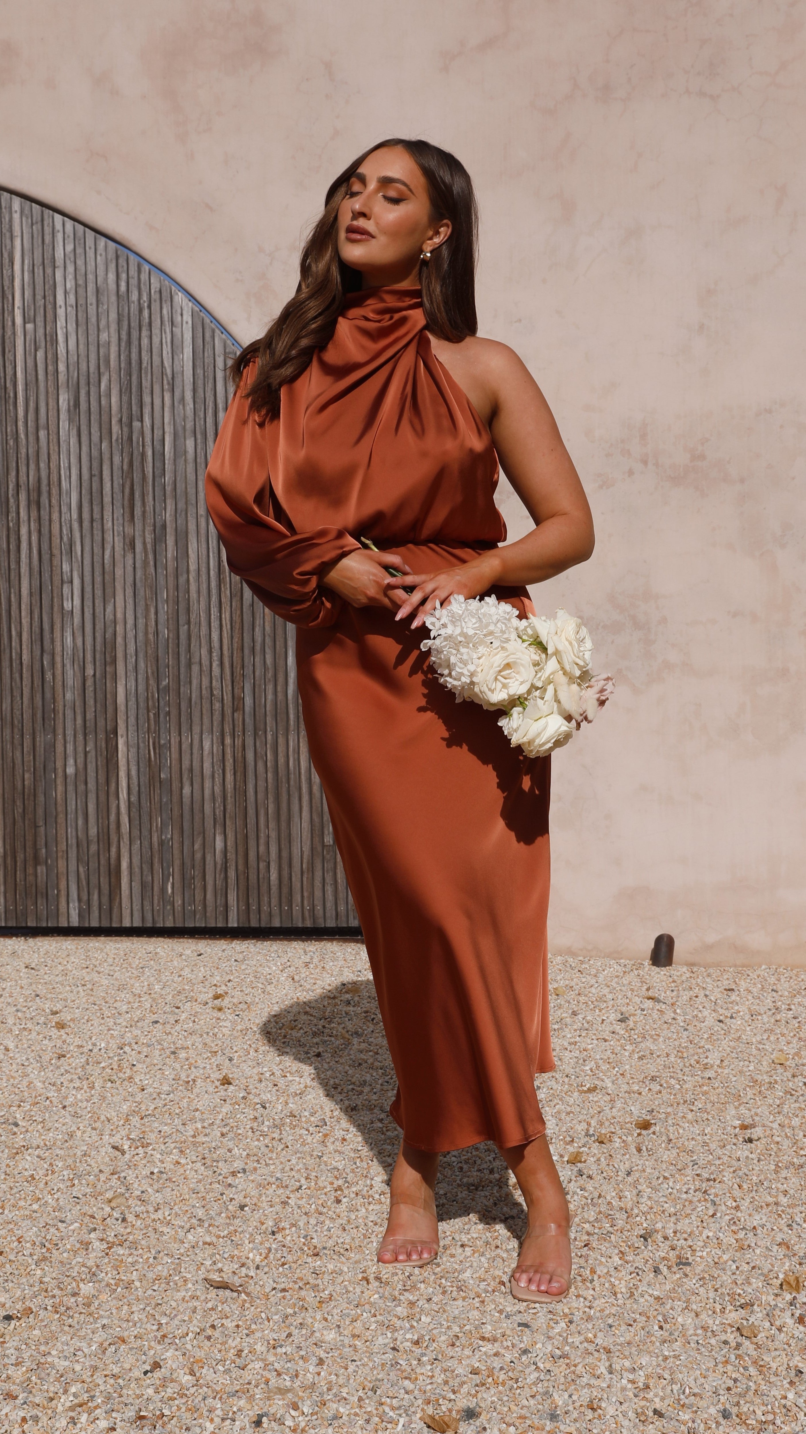 Esther One Shoulder Long Sleeve Dress - Copper