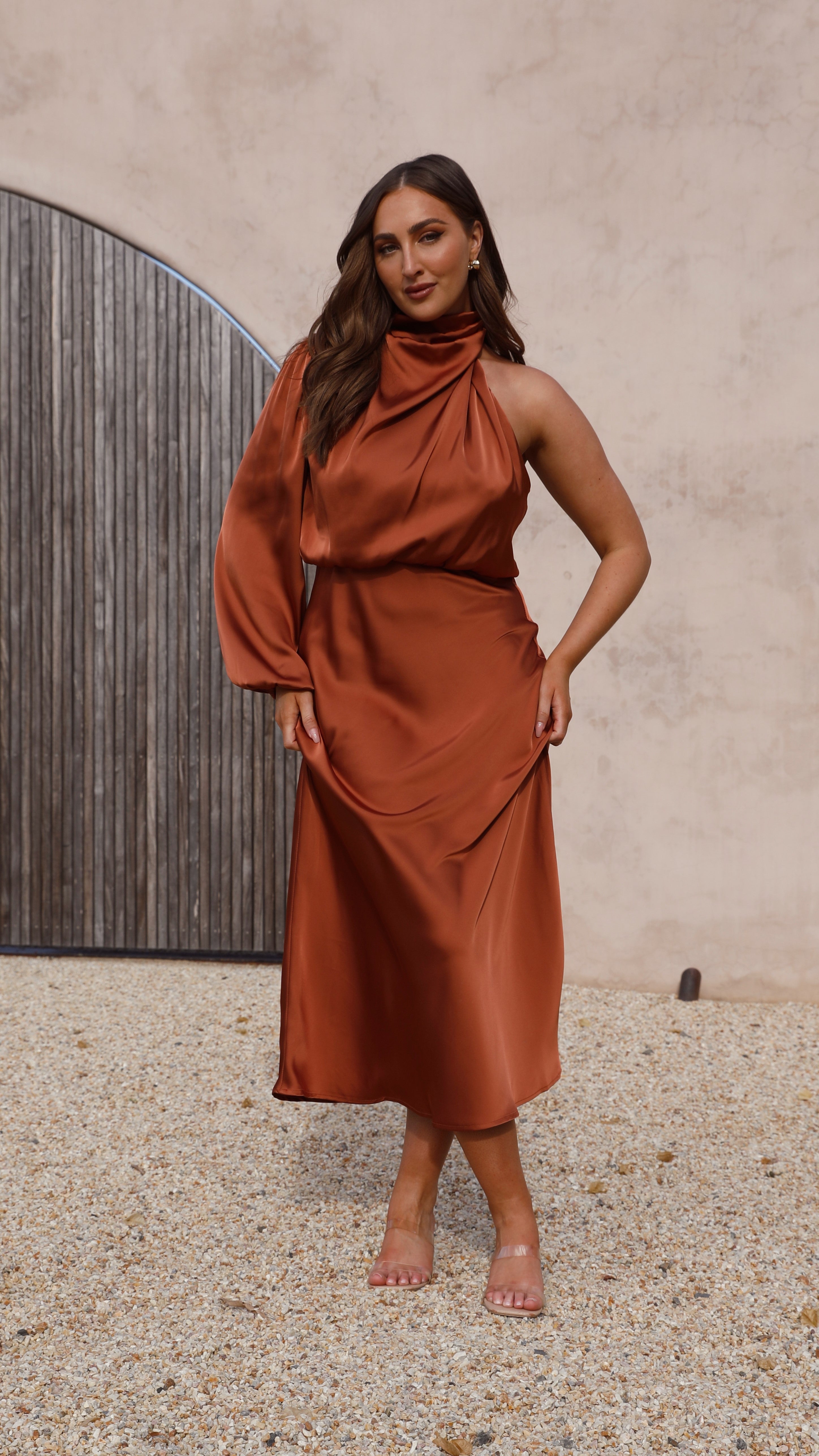 Esther One Shoulder Long Sleeve Dress - Copper